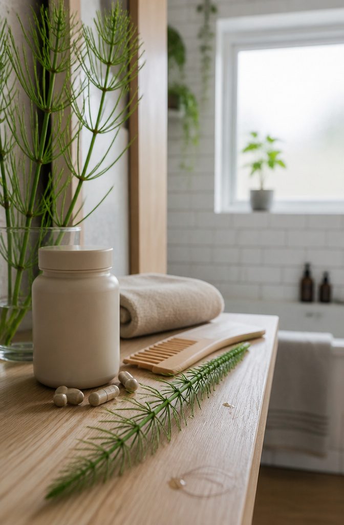 Jointed horsetail stems beside capsules and a plain container