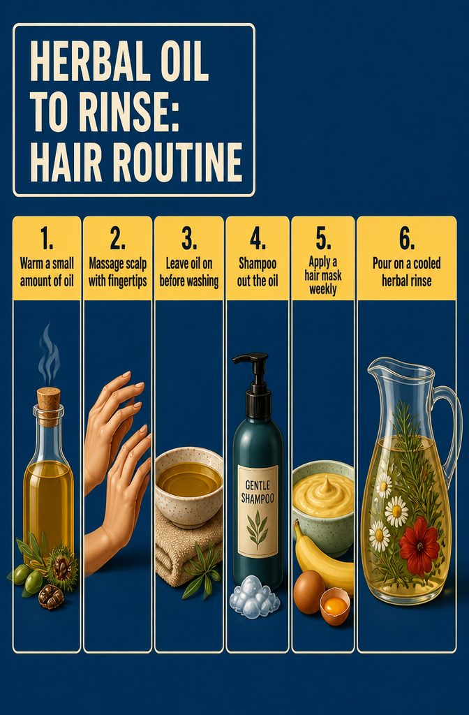 Herbal oil routine with warm oil and scalp massage