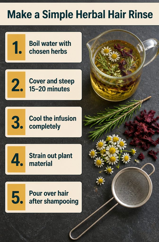 Herbs steeping in water for a hair rinse