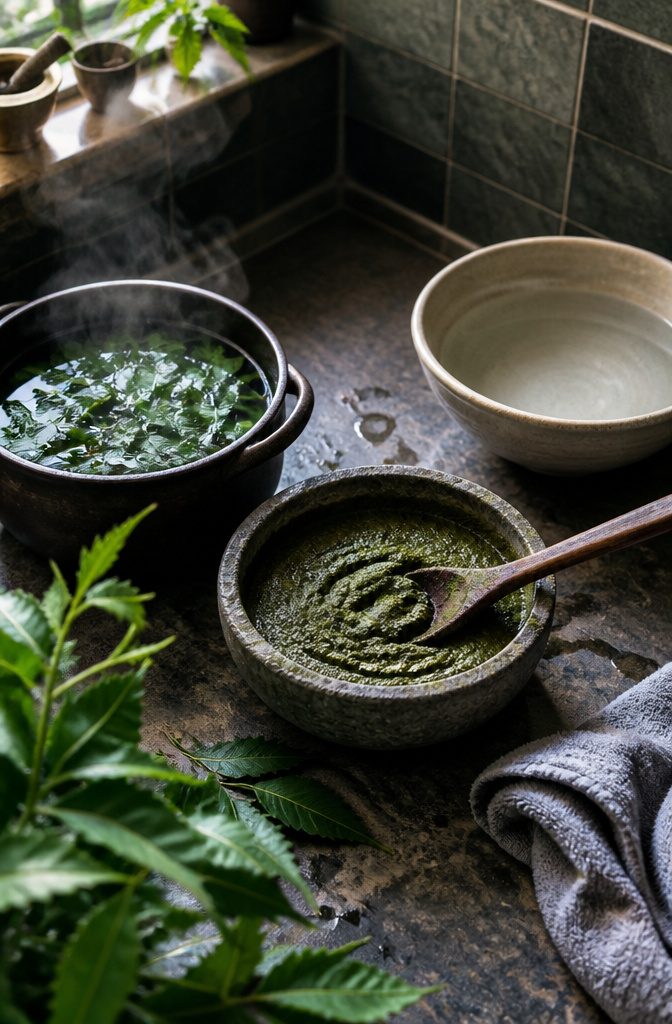 Neem leaves steeping beside a stone bowl of neem paste