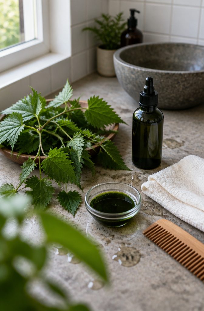Nettle leaves with green extract and a bottle of hair tonic