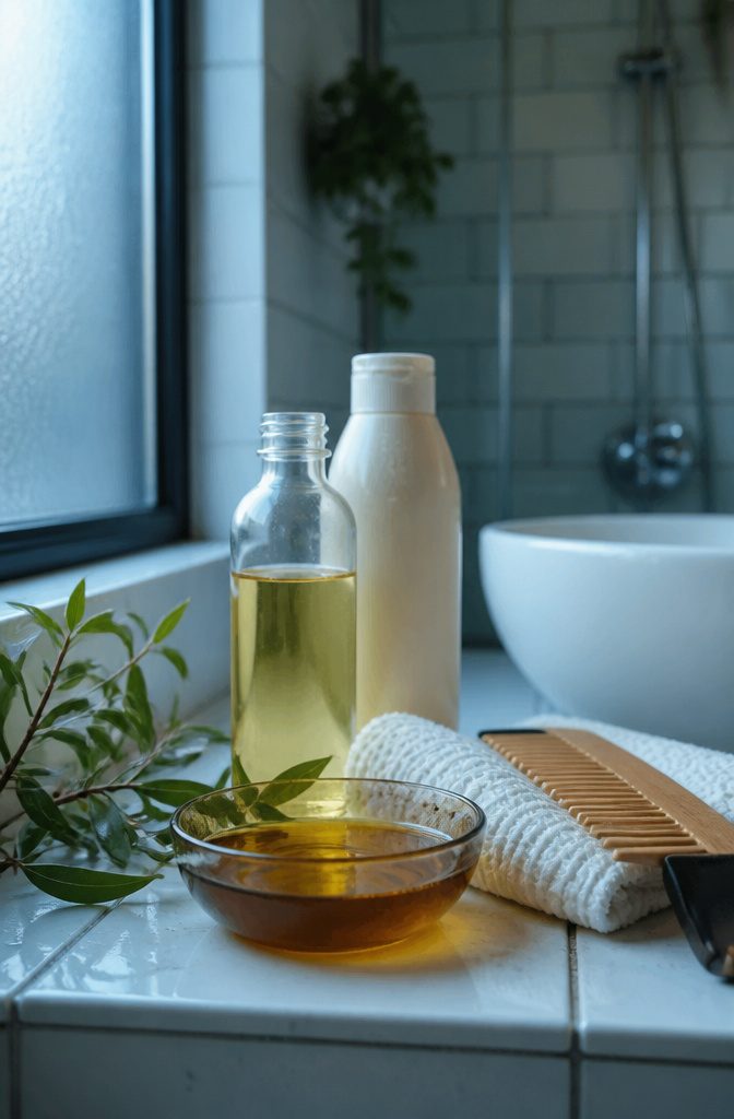 Tea tree leaves with amber oil carrier oil and shampoo
