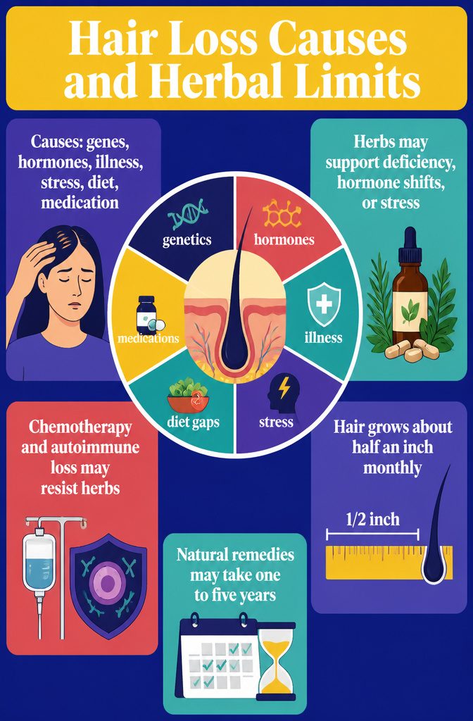 Hair loss causes and herbal remedy limits infographic