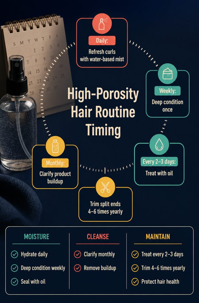 Beauty information graphic titled High-Porosity Hair Routine Timing
