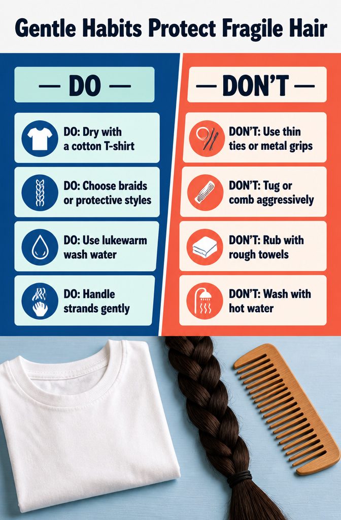 Beauty information graphic titled Gentle Habits Protect Fragile Hair