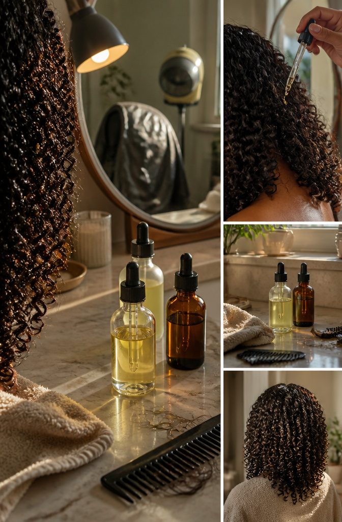 Hair oil product photograph for frizz, damage, heat protection, and curl definition