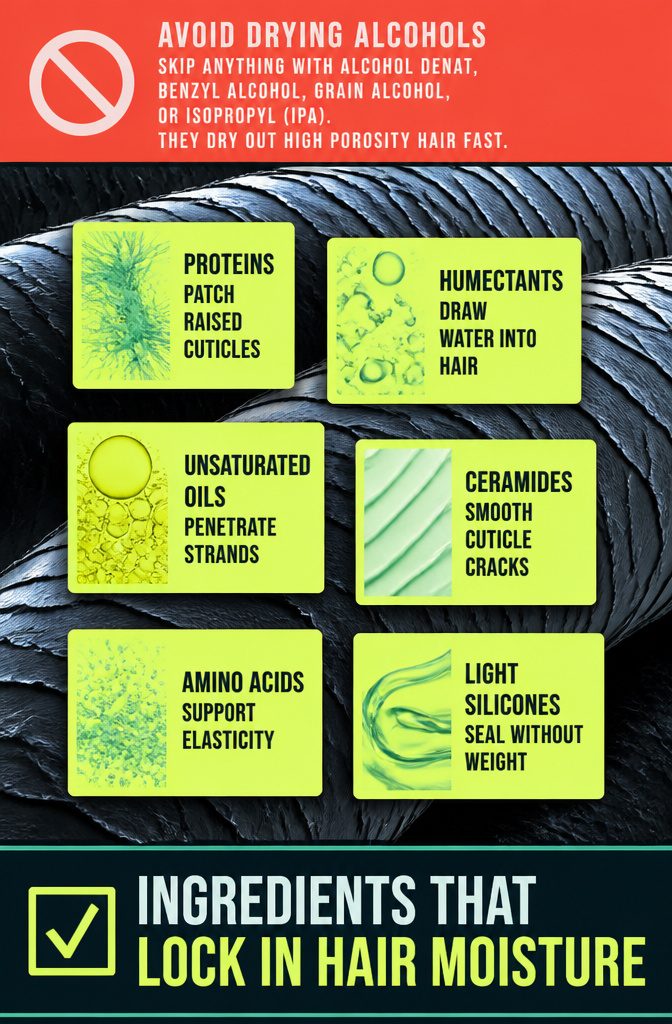 Beauty information graphic titled Ingredients That Lock In Hair Moisture
