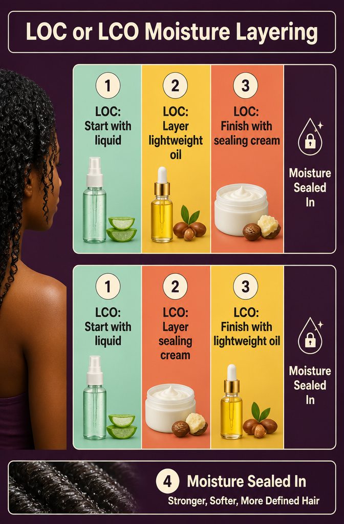 Beauty information graphic titled LOC or LCO Moisture Layering
