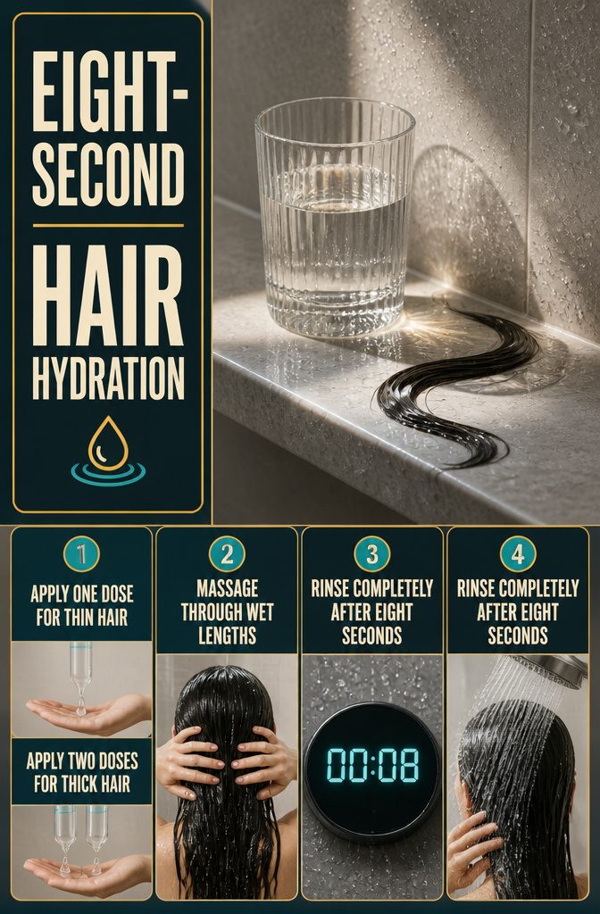 Beauty information graphic titled Eight-Second Hair Hydration