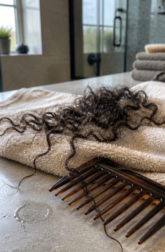 Dark curly hair spread across a pale towel with frayed strands and knots