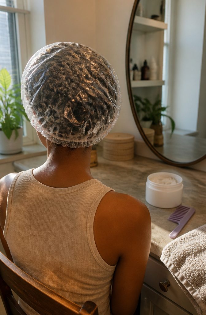 Person seen from behind with damp curls beneath a clear plastic cap
