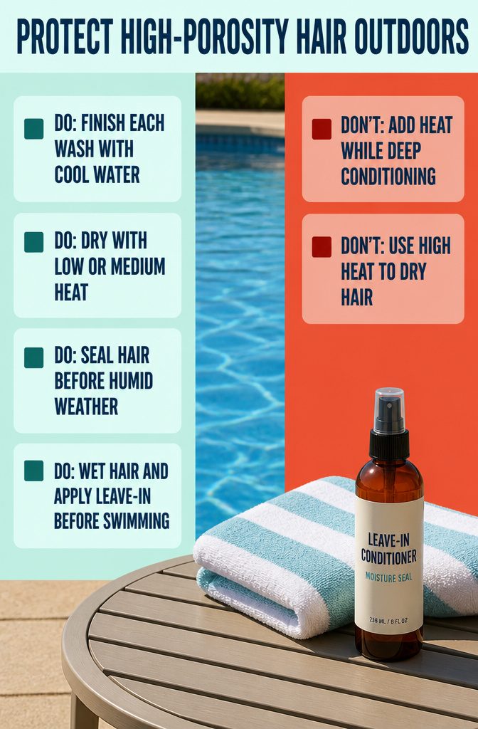 Beauty information graphic titled Protect High-Porosity Hair Outdoors