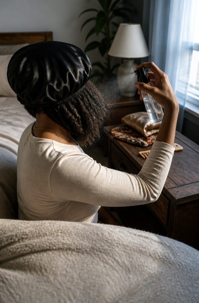 Person refreshing gathered curls with a spray bottle beneath a satin bonnet