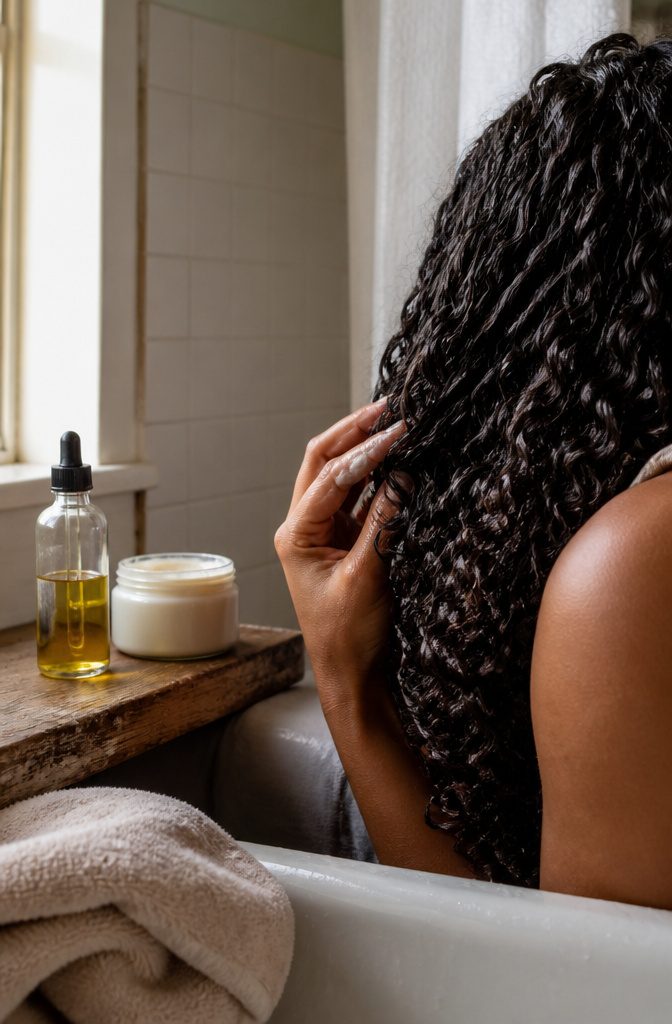 Hair-care photograph illustrating moisture sealing for high porosity hair