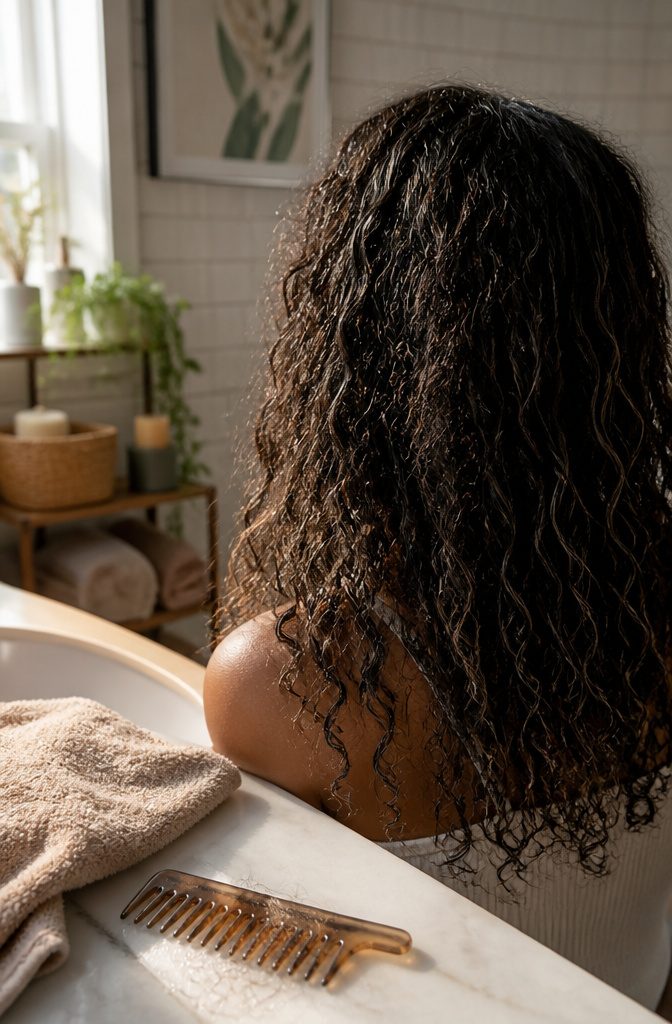 Damp naturally curly strands with raised cuticles, frizz, clinging moisture, and dry-looking ends