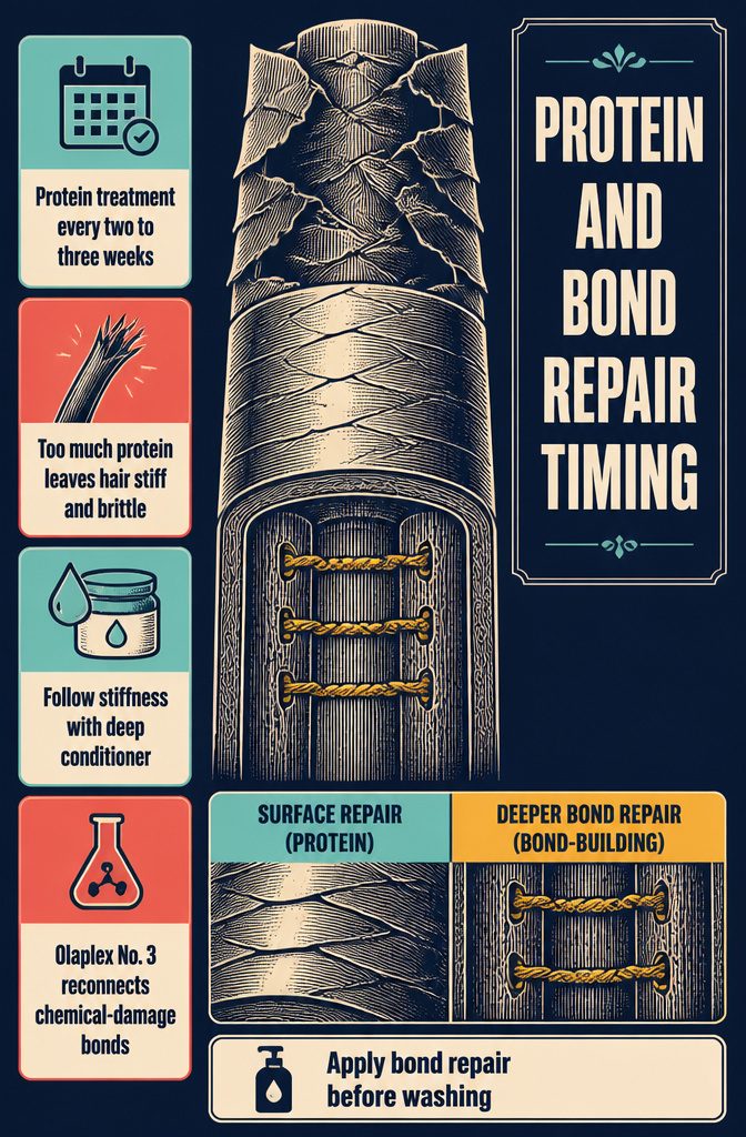 Beauty information graphic titled Protein and Bond Repair Timing