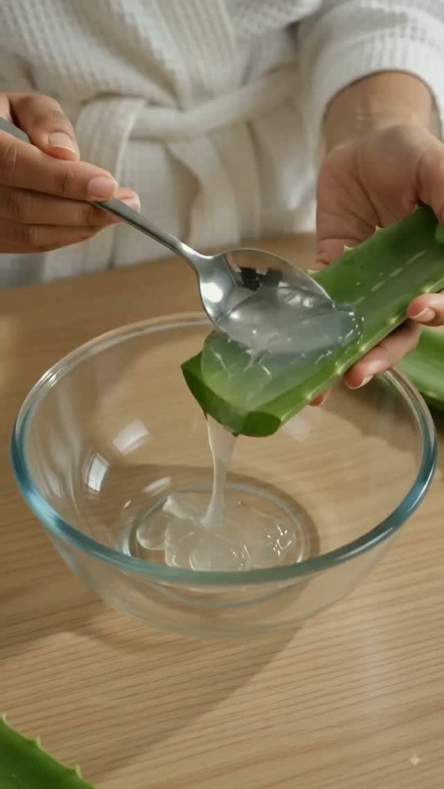 Aloe vera gel being scooped from a leaf into a glass bowl