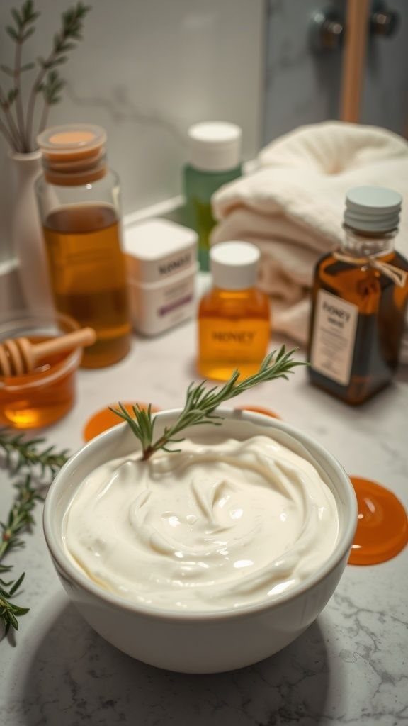 Creamy white hair mask in a bowl with rosemary and honey bottles.