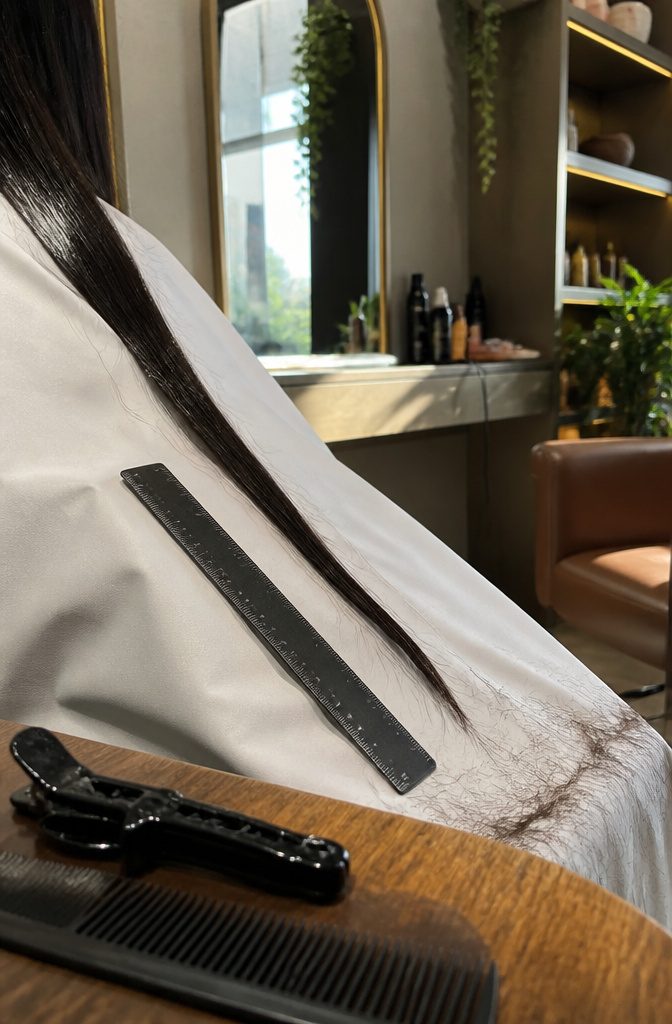 Dark hair strand and loose hairs beside a ruler on a cream salon cape