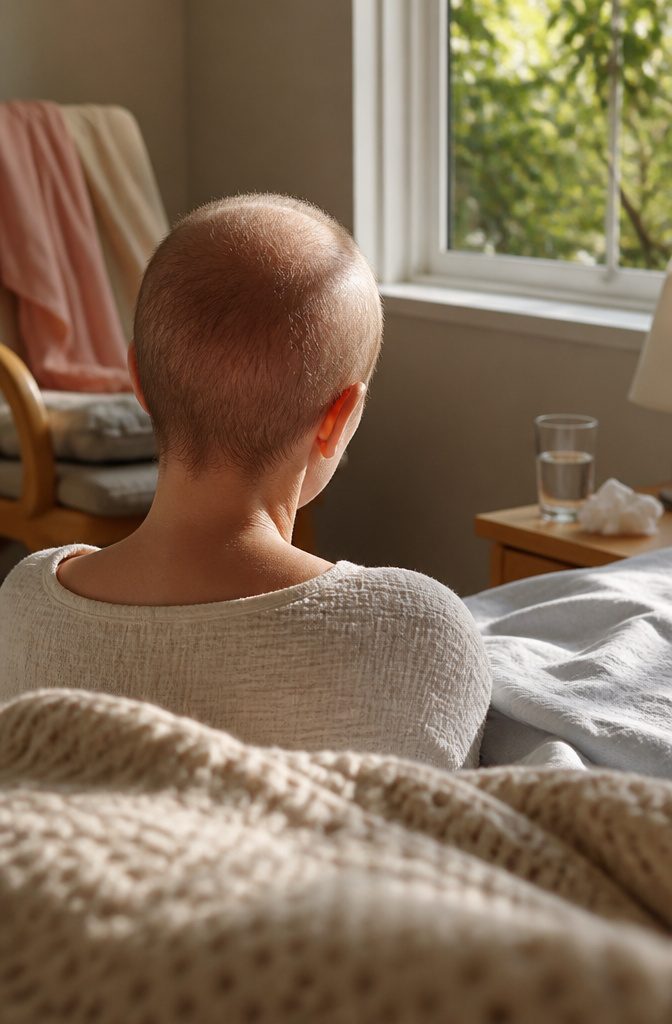 Scalp with wispy regrowth beside a pale scarf and cotton blanket