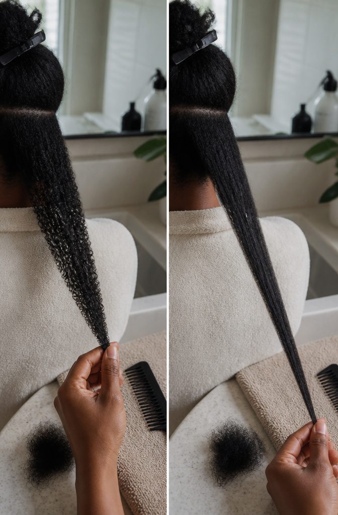 Coiled hair strand showing its shorter hanging length
