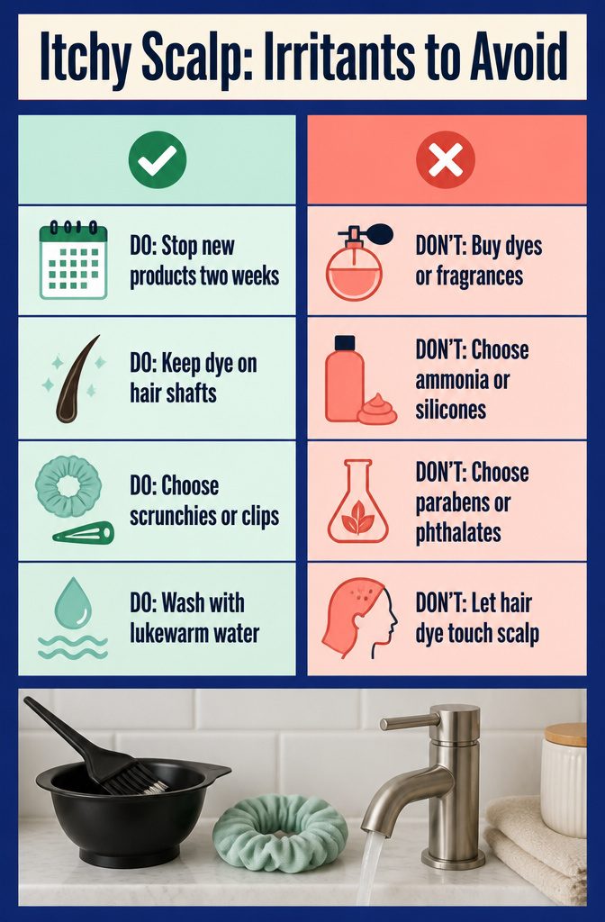 Information graphic titled Itchy Scalp: Irritants to Avoid