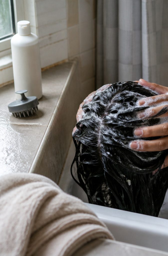 Parted wet hair under a gentle stream with foam near the roots and loose flakes
