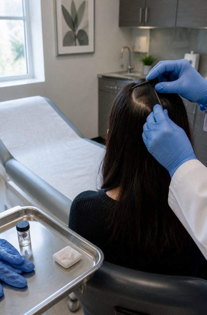Gloved doctor parting a patient’s hair beside a sample vial and metal tray
