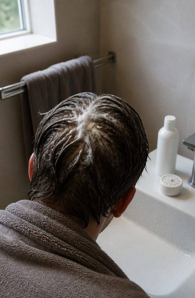 Unmarked shampoo bottle beside a scalp scrubber on a tiled ledge