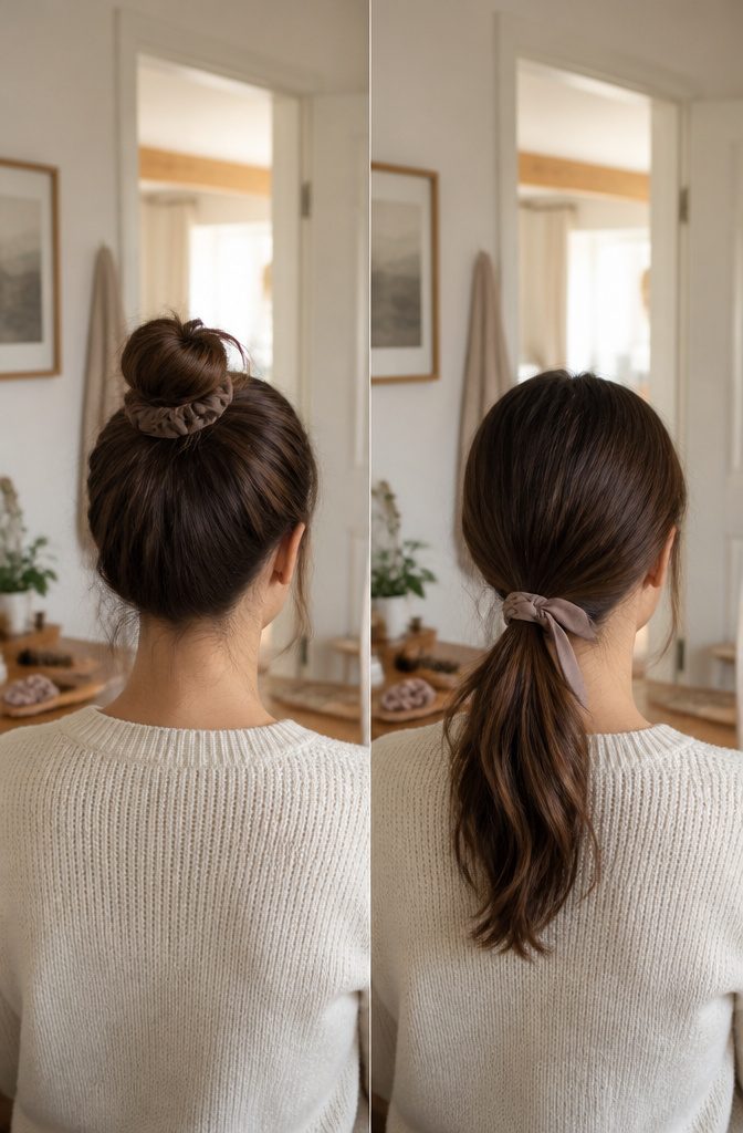 Person wearing a loose ponytail secured with a soft hair tie