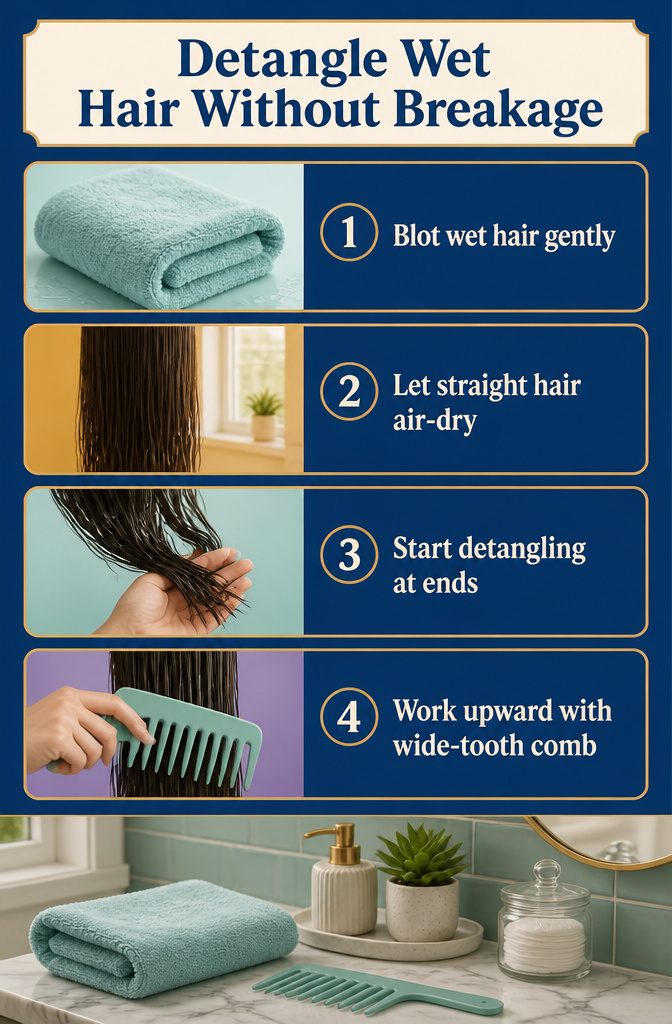 Wide-tooth comb detangling damp hair from the ends