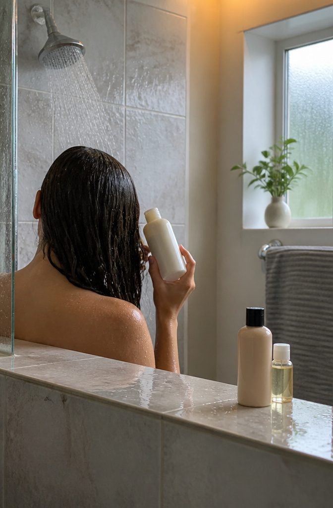 Wet hair rinsed under a shower with a shampoo bottle near the roots