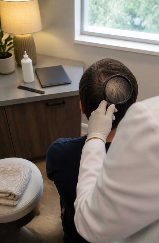 Gloved clinician examining a patient’s crown with a handheld magnifying lens