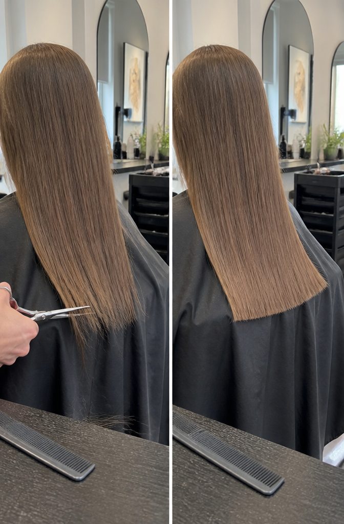 Hair stylist trimming the ends of long hair with scissors