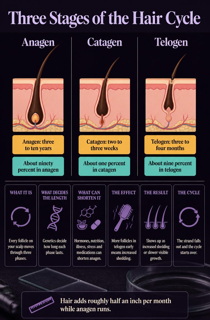 Diagram of hair follicles in anagen catagen and telogen stages