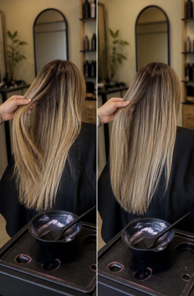 Gloved stylist applying hair color to a section of hair