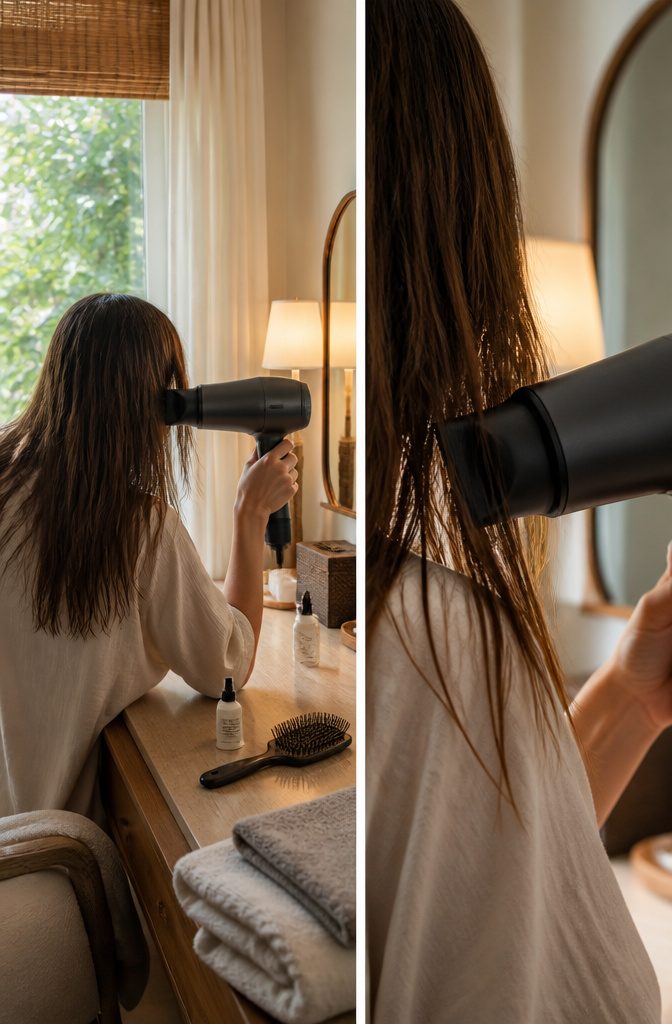 Curling iron held near a section of hair beside a heat protectant bottle