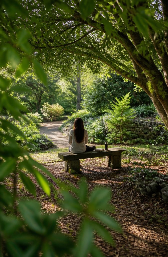 Person sitting outdoors with eyes closed and hands resting in their lap