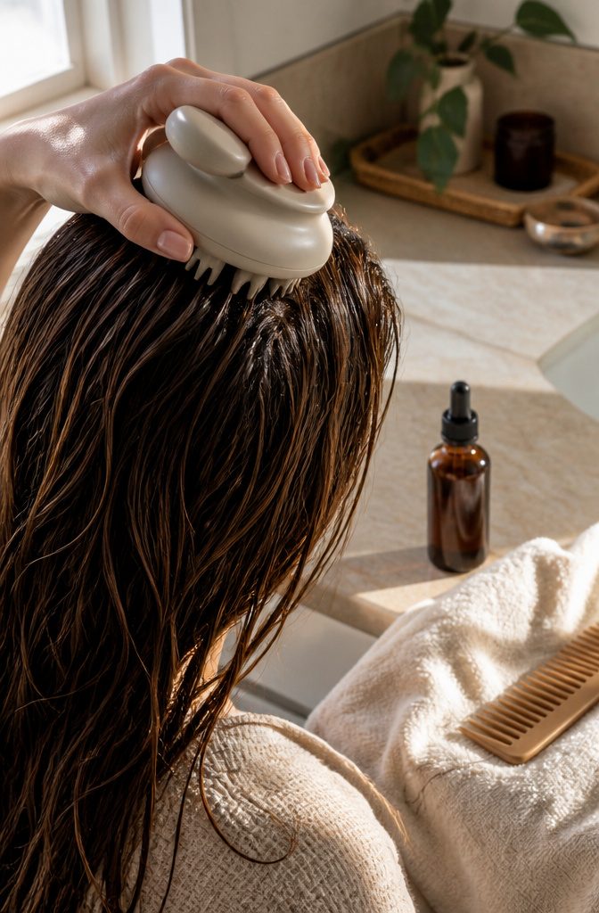 Hand using a small massage tool against a person’s scalp
