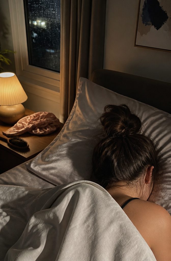 Long hair gathered in a loose top knot against a satin pillowcase