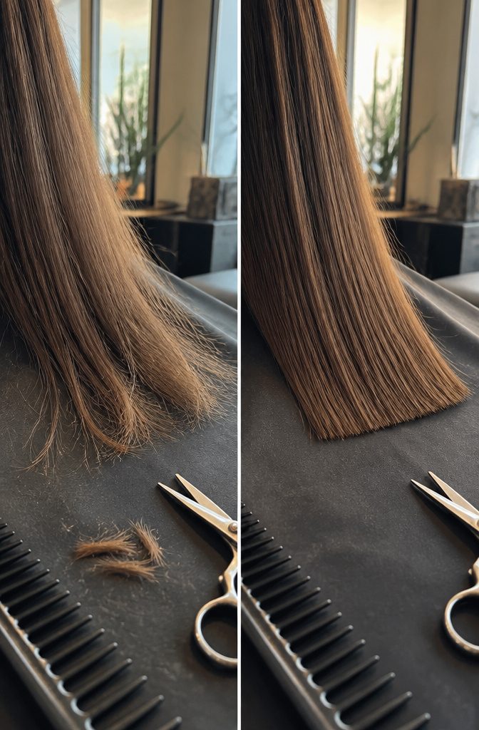 Close-up of a hair strand splitting near its dry ends