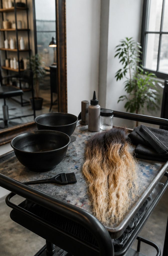 Unevenly lightened hair strand beside closed salon bowls and a tint brush