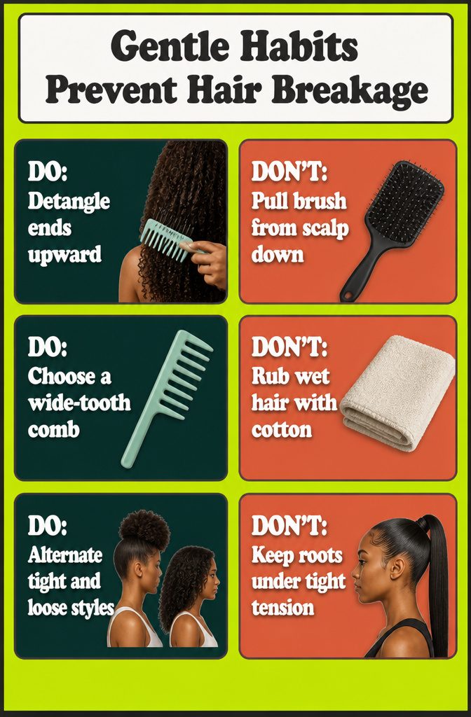 Beauty information graphic titled Gentle Habits Prevent Hair Breakage