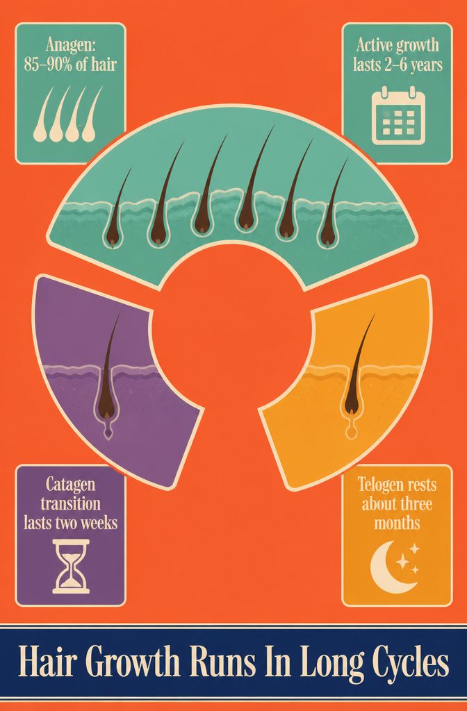 Beauty information graphic titled Hair Growth Runs In Long Cycles