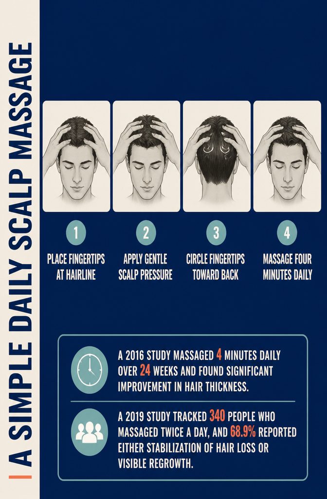 Scalp massage information graphic titled A Simple Daily Scalp Massage