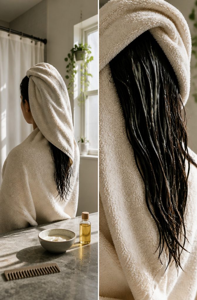 Hair mask being applied to damp hair