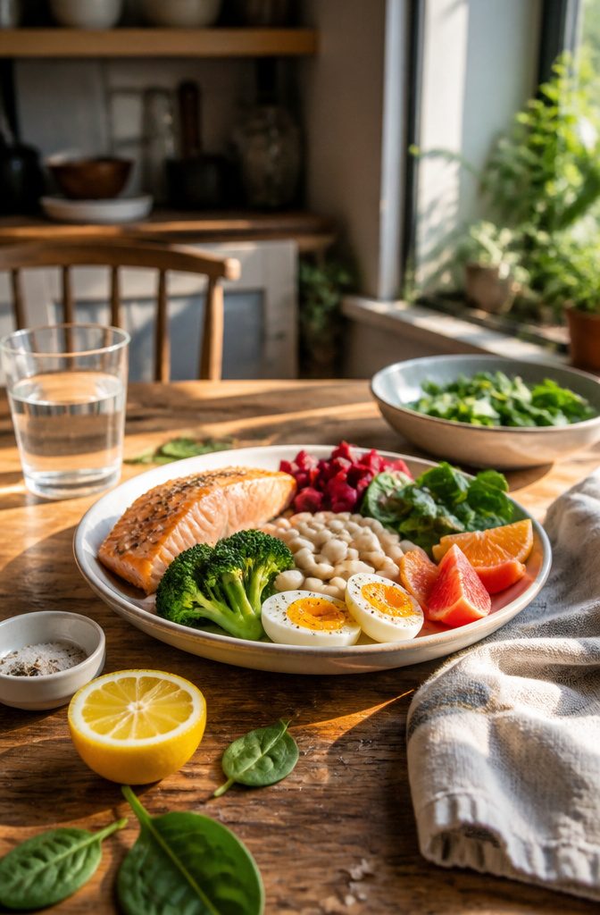 Plate of salmon eggs leafy greens beans beetroot broccoli and citrus