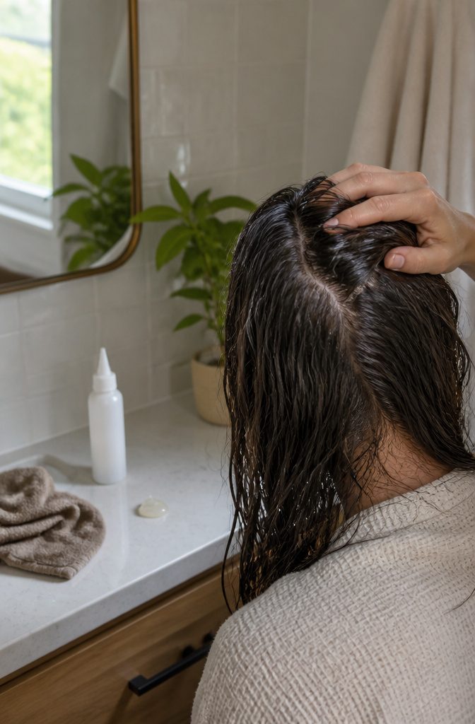 Damp parted hair showing a clean scalp beside shampoo and an applicator bottle