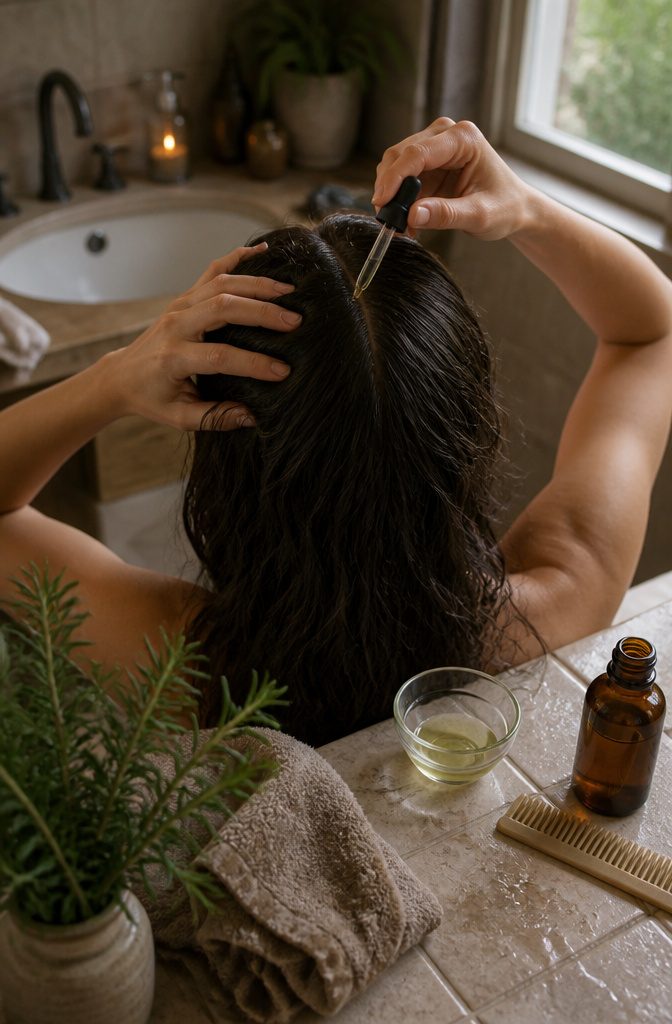 Hands applying diluted rosemary oil to sectioned dark hair