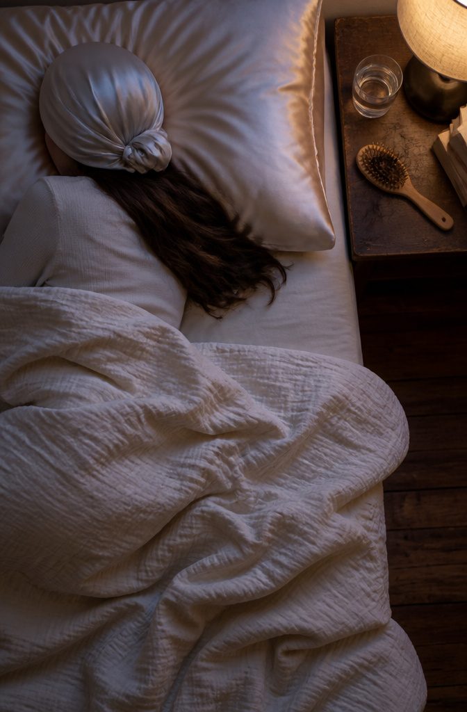 Silk hair wrap protecting hair during sleep